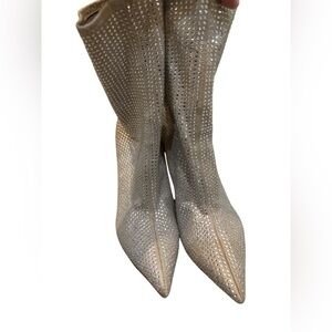 Schutz Women's Sybil Suede & Rhinestone Stilleto Heel Mid-Calf Bootie Tan 7.5 B